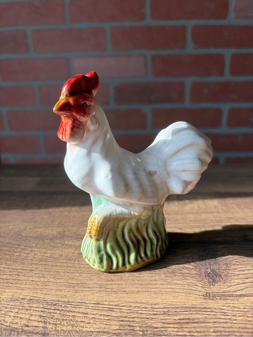 Vintage Ceramic White Rooster Figurine with Red Comb on Green Grass Base